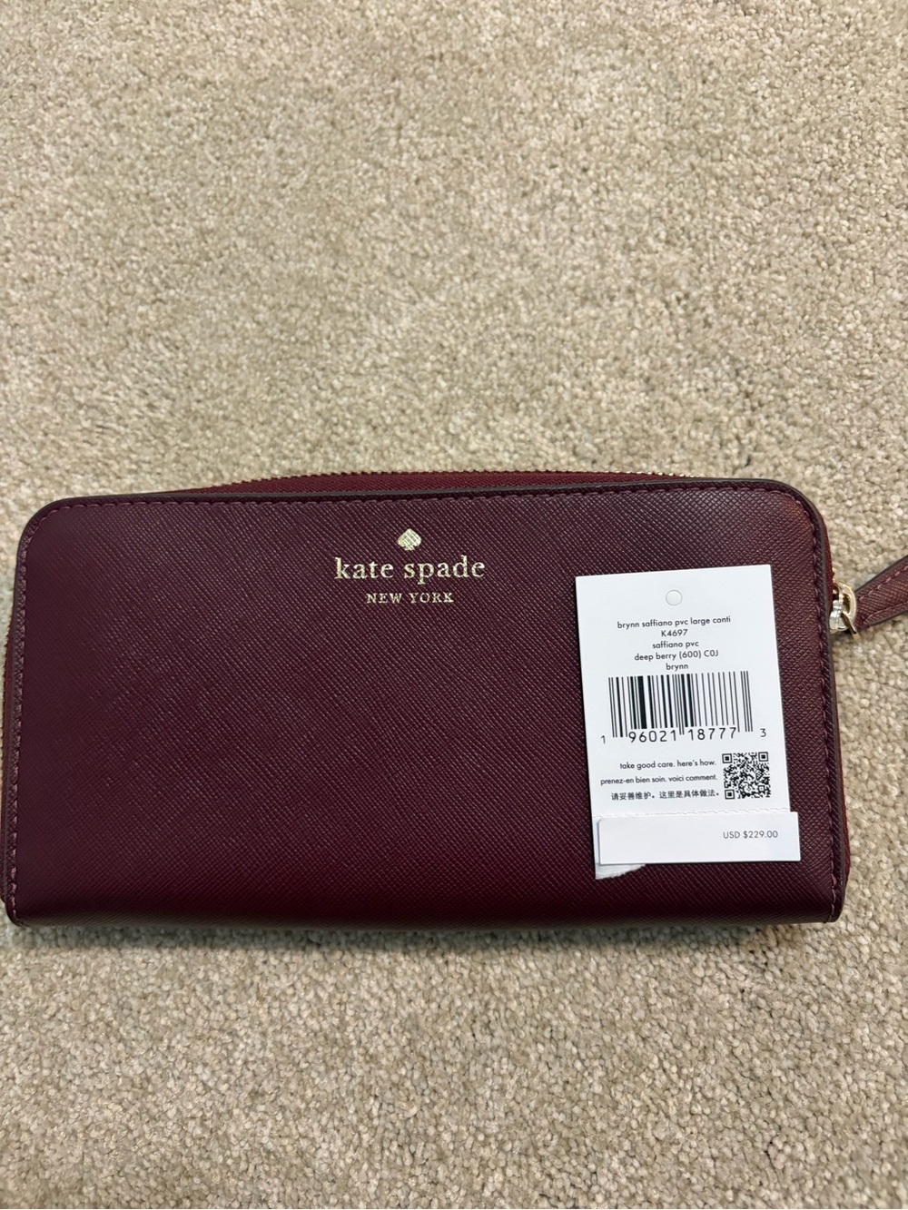 kate spade Burgundy Saffiano Zip-Around Wallet NWT retails $229!!!
